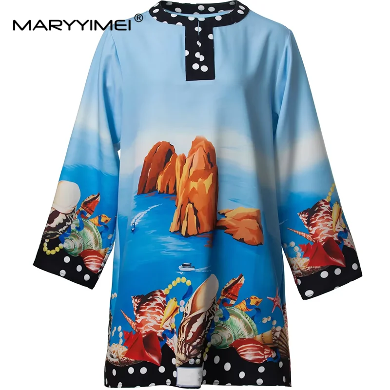 

MARYYIMEI Elegant Vacation Printing Dress Autumn Winter Women's Long-Sleeved Loose Waist Casual Holiday Short Dresses