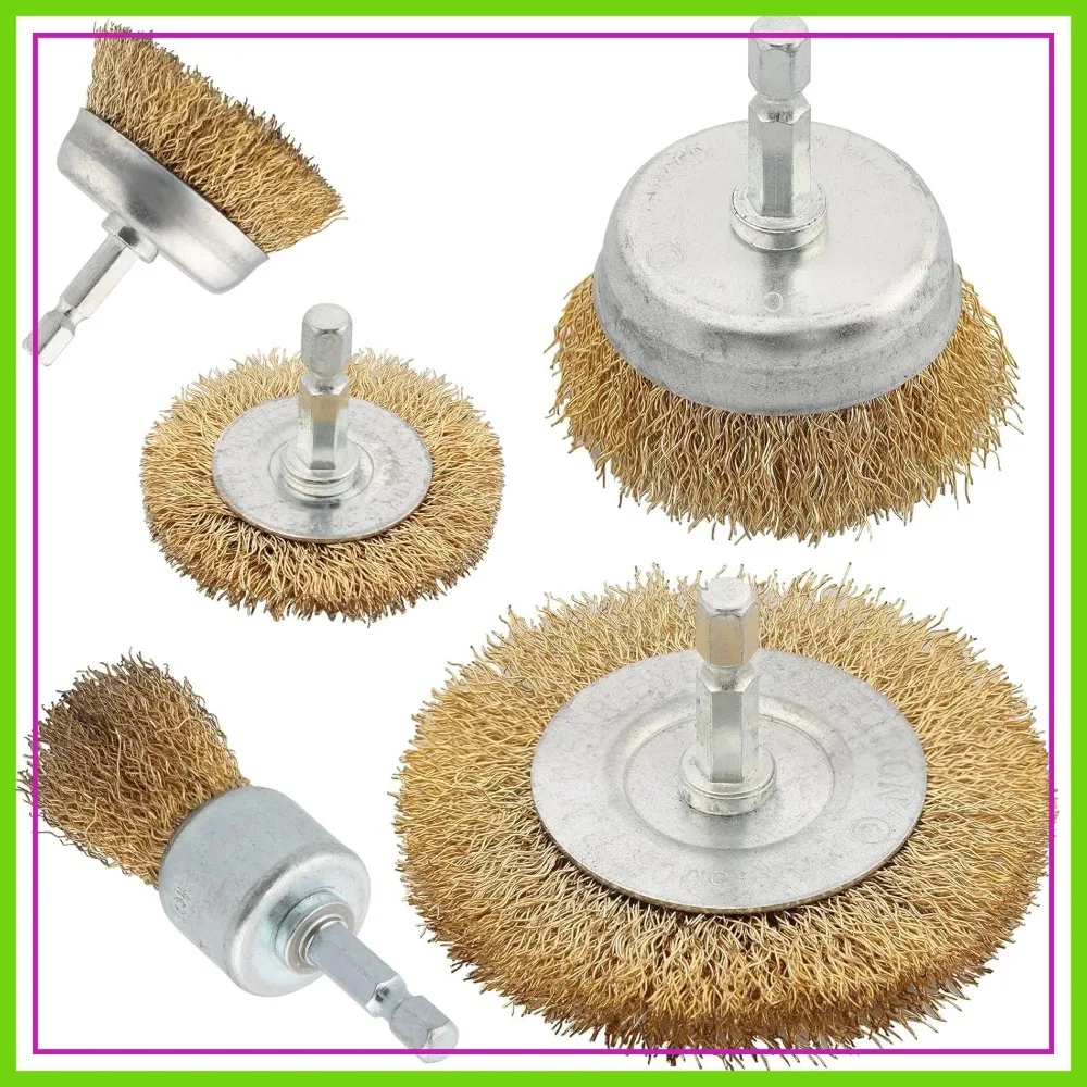 

5 Pcs Brass Wire Wheel Brush Set for Drill, 1/4 Inch Hex Shank, Rust Cleaning