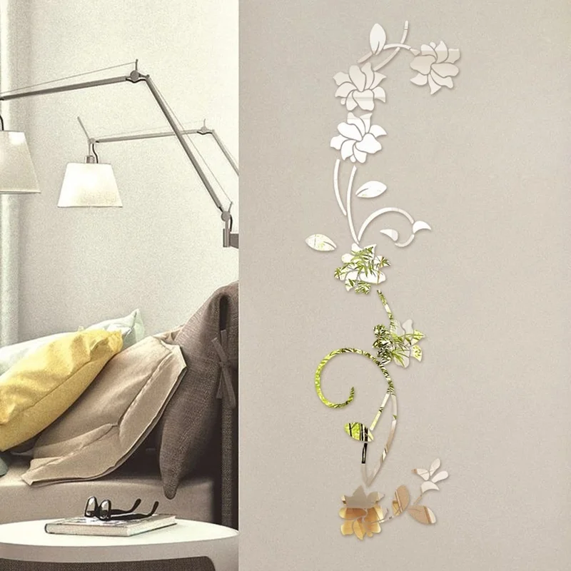 Modern 3D Flower Acrylic Wall Sticker Classic Aesthetic Romantic Home Decor Black Gold Silver Color Wall Art Decal Indoor Decor