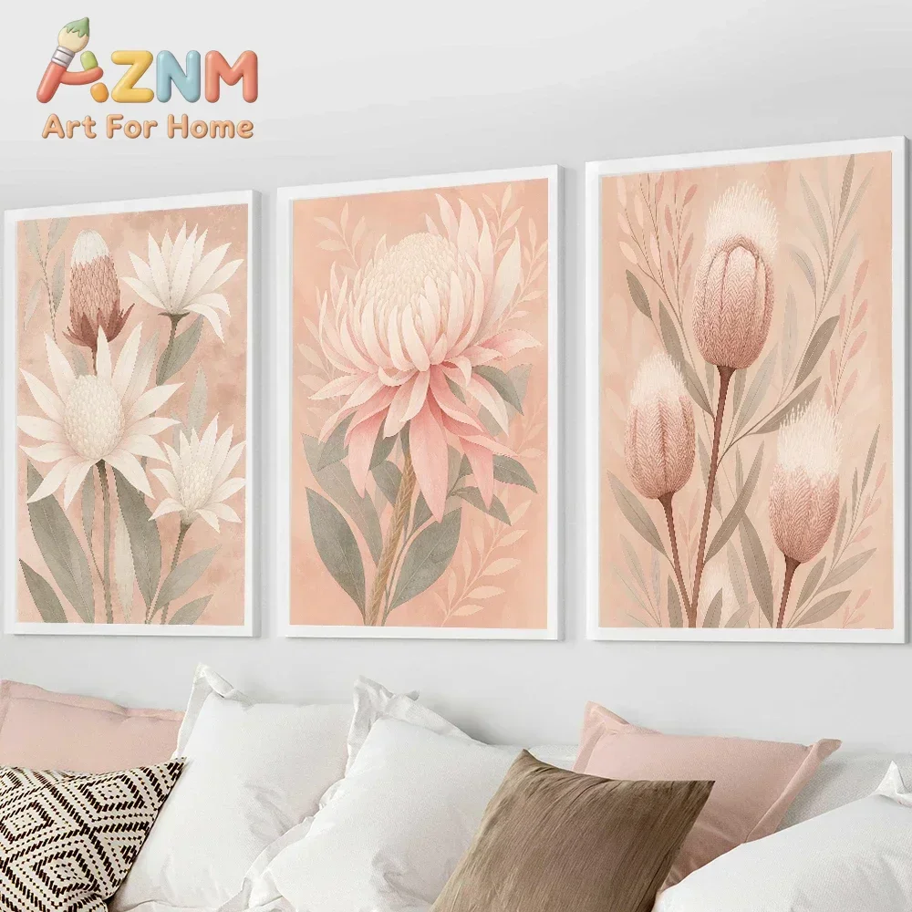 AZNM Blush Pink Protea Flower Canvas Wall Art, Watercolor Botanical Floral Leaves Print, Soft Boho Bedroom Home Decor Poster, Un