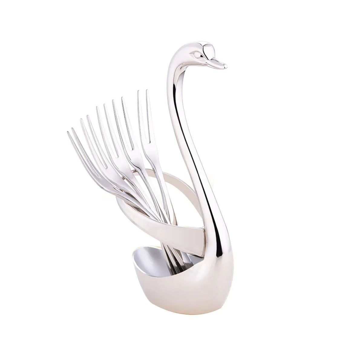 

5Pcs Stainless Steel Fruit Fork Swan Shape Anti-Rust Dessert Tableware Elegant Flatware Holder Lifelike Dinnerware Decoration