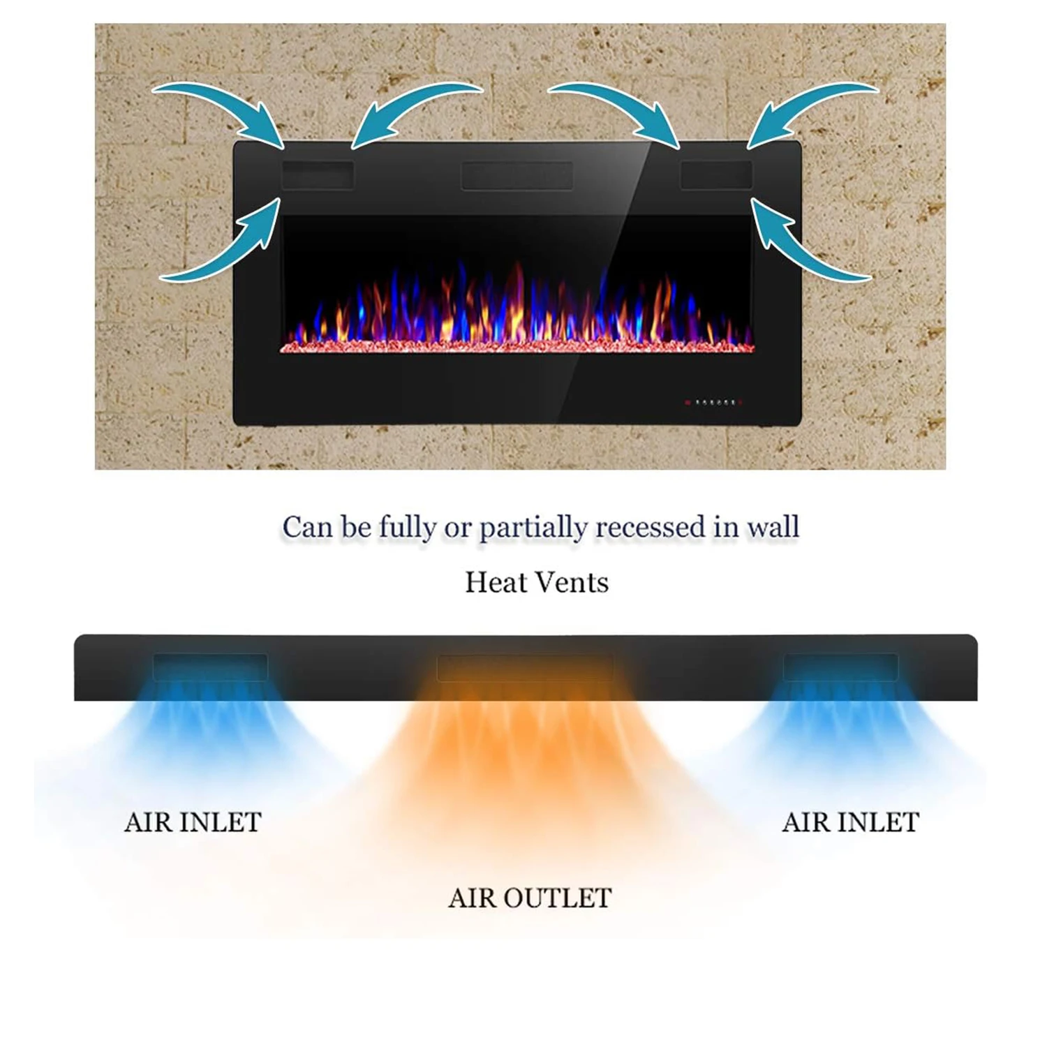 مدفأة كهربائية مقاس 36 بوصة للتركيب على الحائط رفيعة للغاية ومنخفضة الضوضاء مناسبة لجهاز التحكم عن بعد 2 × 4 و2 × 6 مع مؤقت