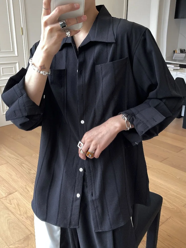 

Autumn New Style Men's Casual Long Sleeve Shirt Pure Color Simple Stripe Four-Sided Elastic Pure Desire Casual Shirt