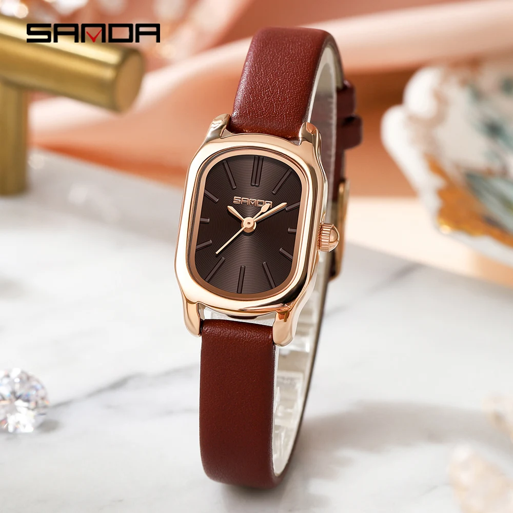 SANDA 1104 Case Womens Watches Maroon Leather Strap Waterproof Genuine Watch New Womens Quartz Watch Casual Fashion Rose Gold