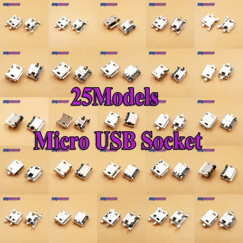 25Models Frequarent use Micro Mini USB Connector Micro USB Female Socket Blade SMD DIP USB Connector Solding Charging Port