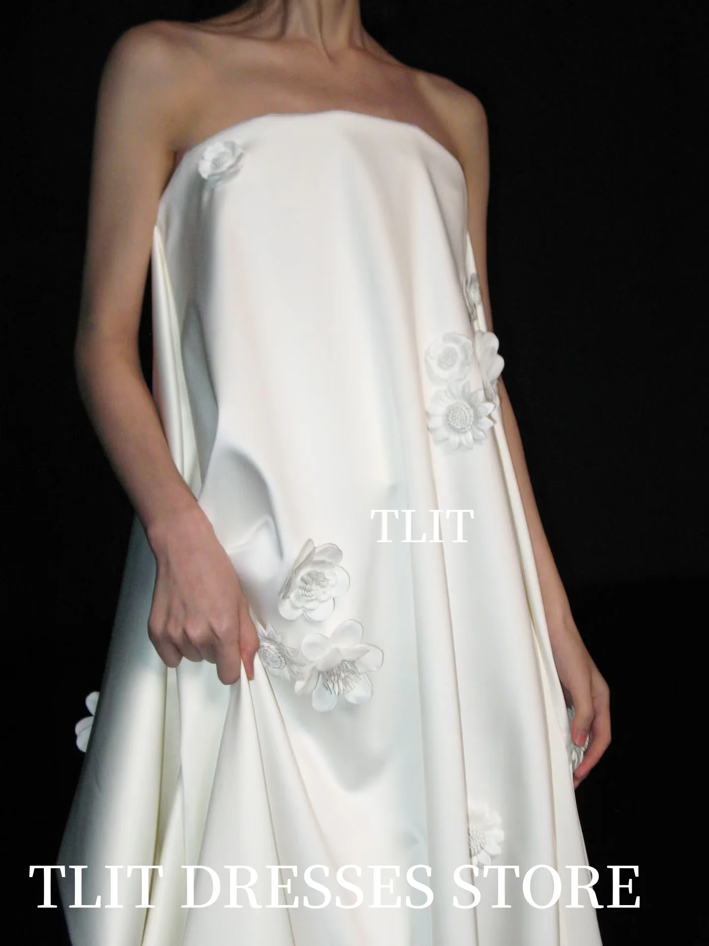 فستان زفاف مستقيم من الساتان والحرير العاجي الأنيق من TLIT برقبة على شكل حرف v بدون حمالات فستان حفلات على شكل زهرة فستان زفاف كوري لالتقاط الصور حسب الطلب #3