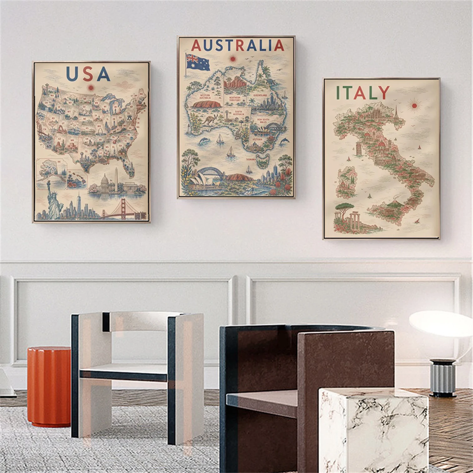 Vintage Country Map Canvas Wall Art USA Australia Germany Italy Landmark Illustration Poster Living Room Bedroom Home Decor Gift