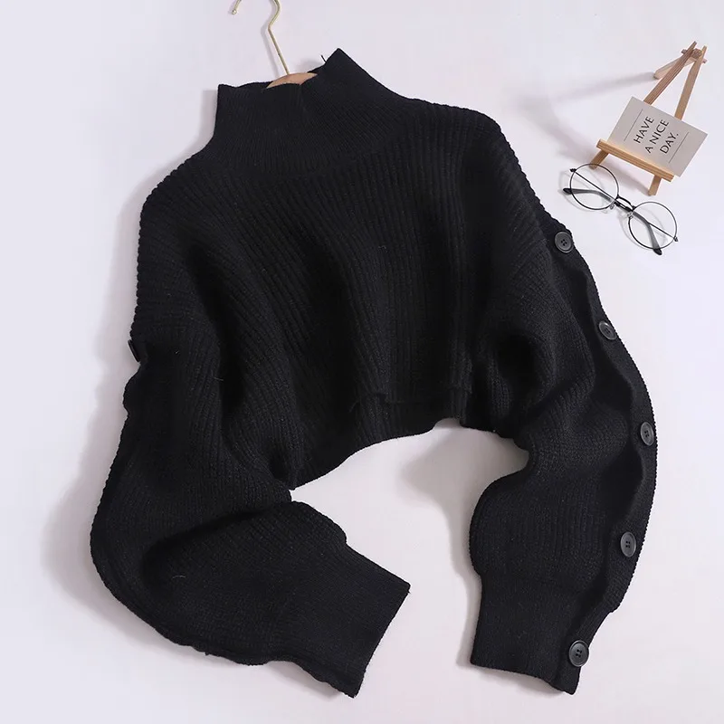 YuooMuoo Chic Fashion Cropped Sweater Tops Women Buttons Long Sleeve Ribbed Knitted Sweaters Warm Turtleneck Pullover Shawls