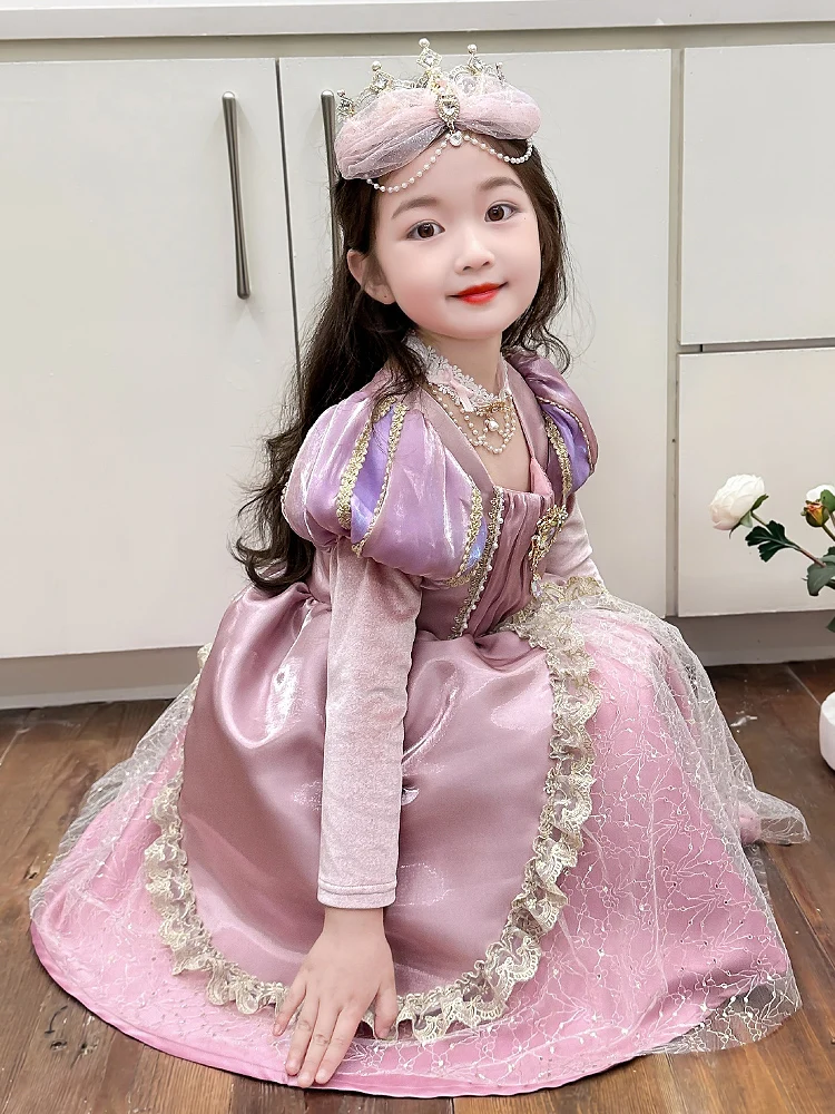 

Girls' Princ Skirt Birthday Dr Fairy T Fi Tail Lolita Puffy Sve Midi Dr Soft Fabric Long Sve Floral Print