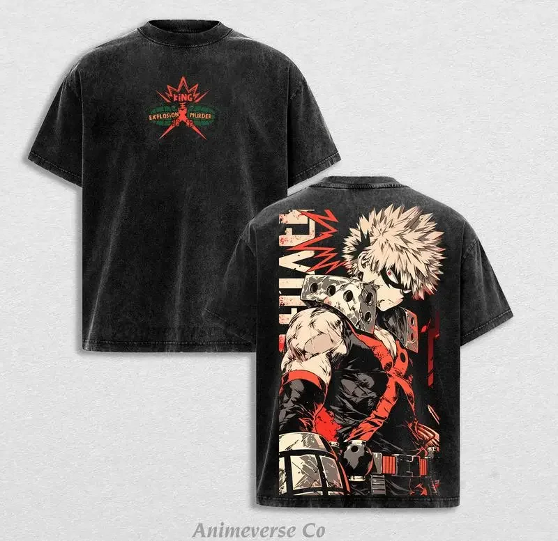 Anime My Hero Academia Katsuki Bakugo Graphic T Shirt Casual Washed T-shirt Men Women Clothes Oversized Cotton Short Sleeve Tee