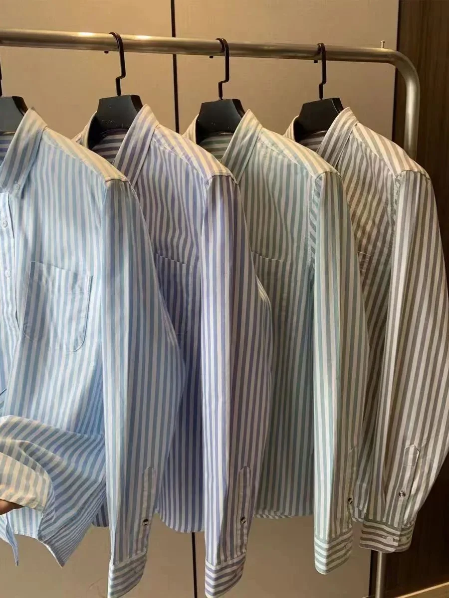 Classic Striped Oxford Cloth Cotton Men's Spring Washed Casual Long Sleeve Shirt Trendy Retro Style Standard Fit Business Wear