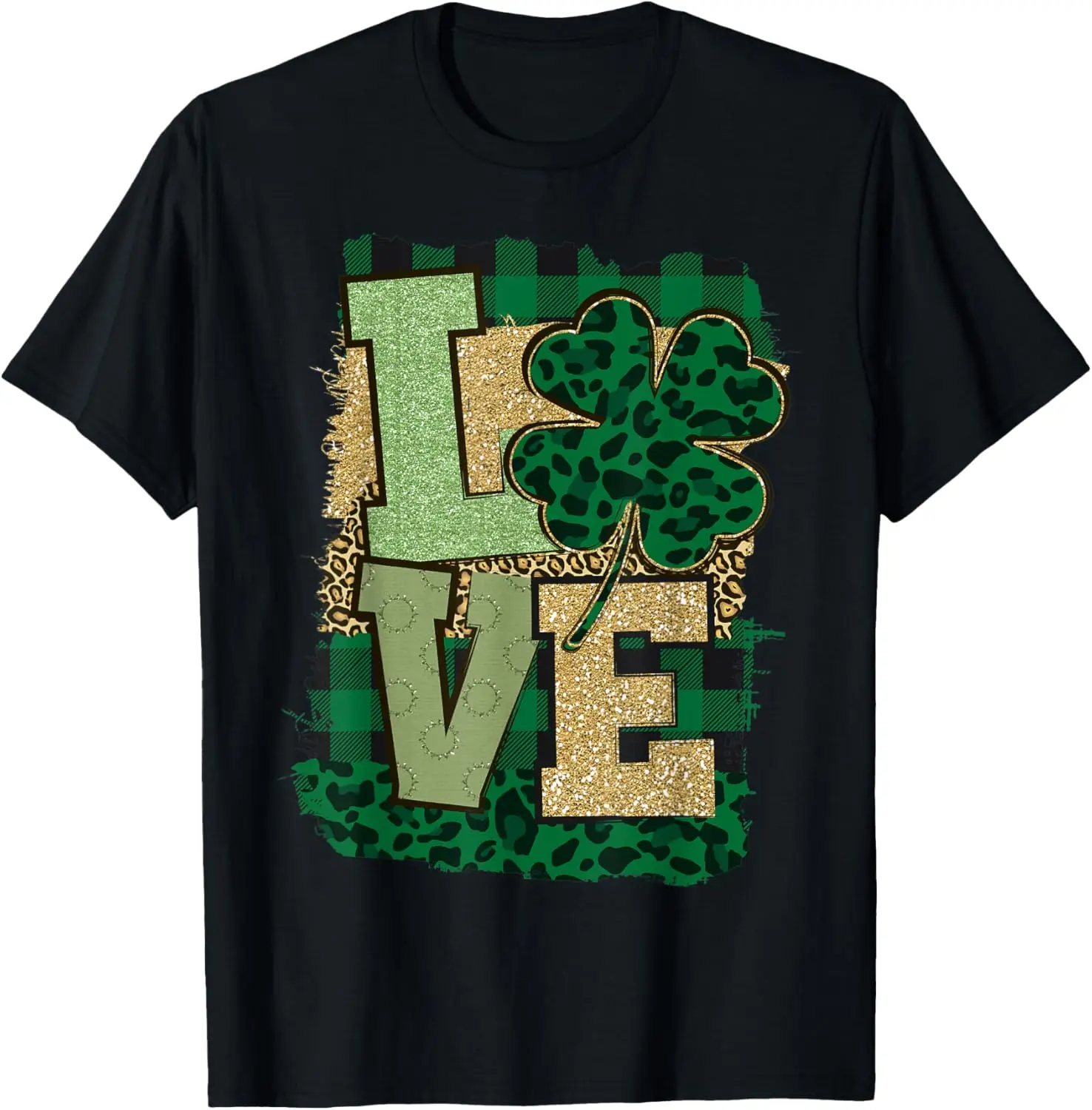 

St Patricks Day Love Shamrock Leopard Print T-Shirt Men Casual Crewneck Graphic Tee