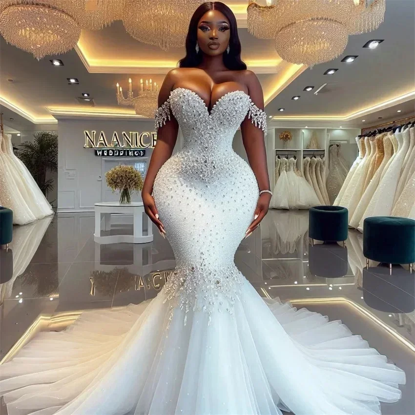 Luxury South African Wedding Dresses Black Girls Mermaid Off The Shoulder Beaded Bridal Gown Vestido De Noiva Customized