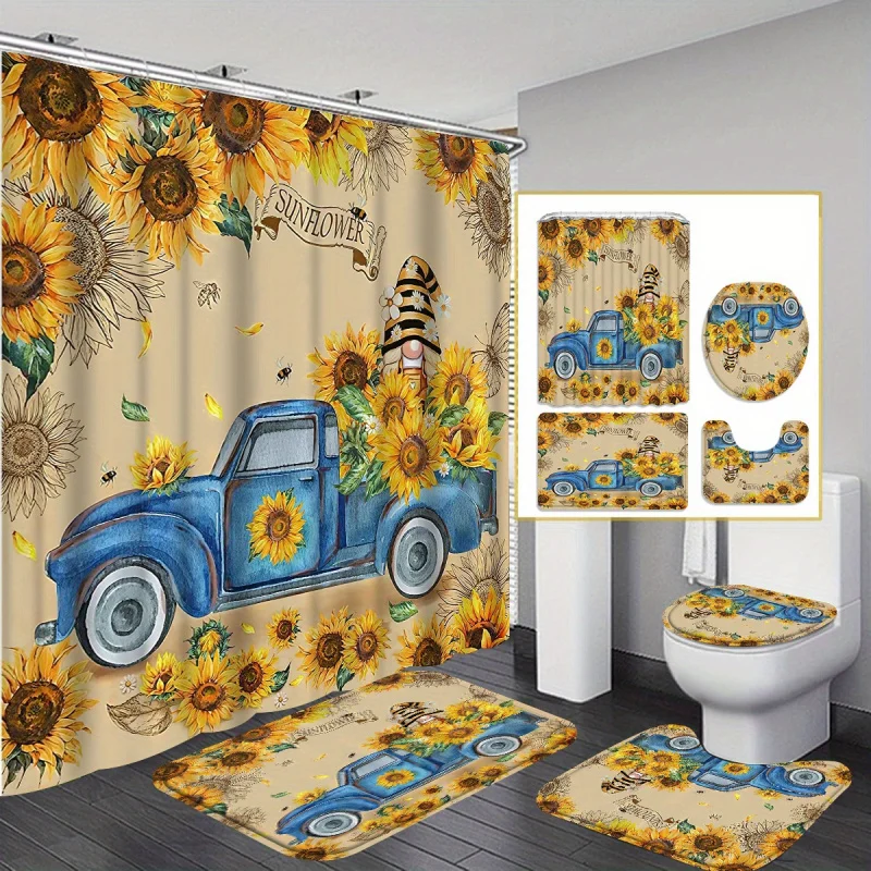 4pcs Modern Sunflowers Shower Curtain Gift Set with 12 Hooks, 3-piece Bathroom Decoration and Toilet Floor Mat