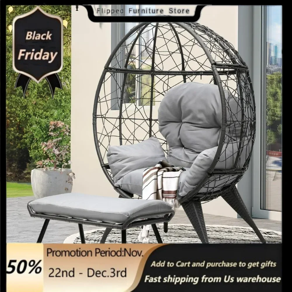 Outdoor Egg Chair with Stand  with Cushion Wicker Chair PE Rattan Chair Footrest Included for Patio, Garden, Backyard, Porch