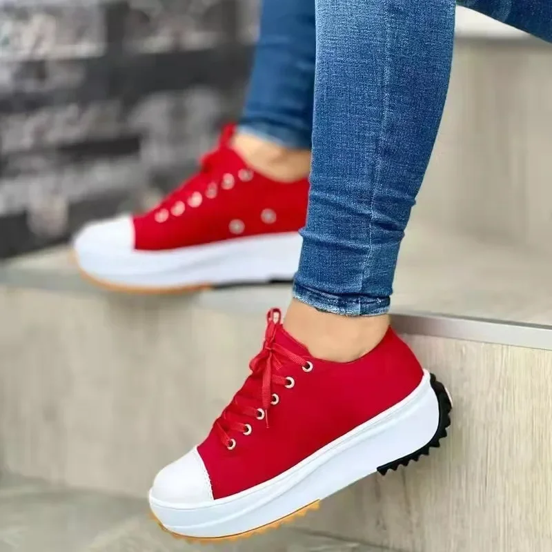 Zapatos Casuales Nuevos para Mujer, Otoño-Verano 2024, Punta Redonda, Lona, Color Sólido, Talla Grande