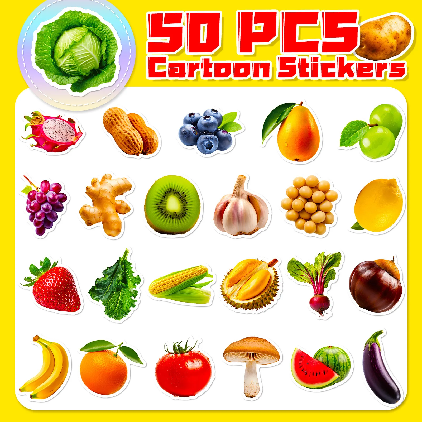 50PCS Vivid Fruit & Vegetables Grape Cherry Carrot Broccoli Stickers Pack Waterproof Vinyl Stickers For Laptop Phone