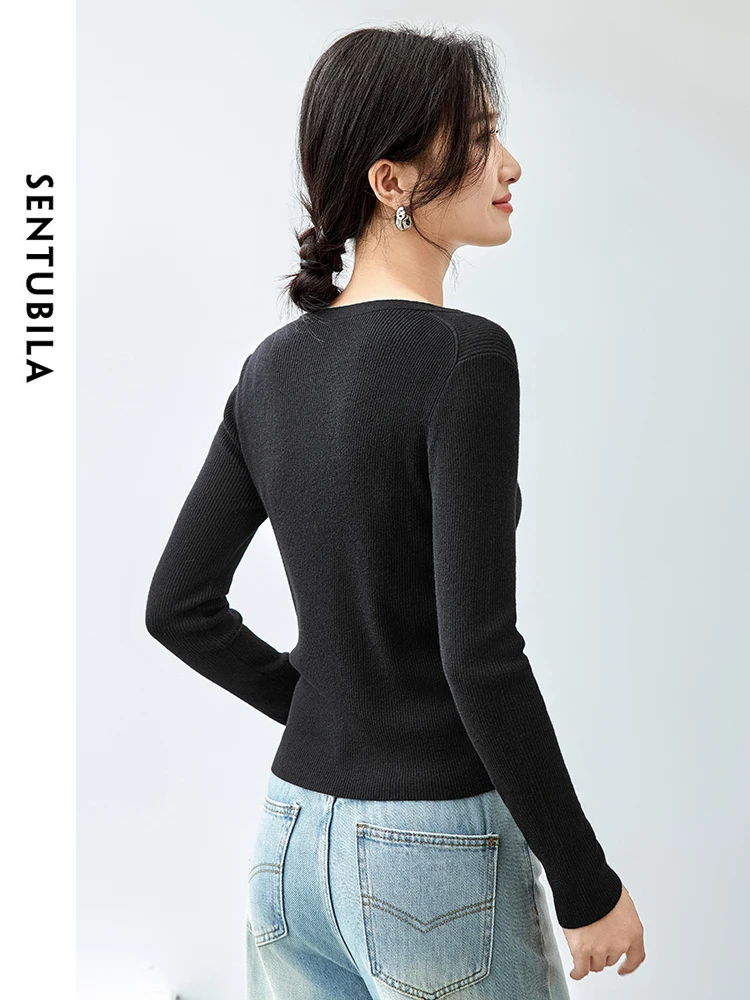 SENTUBILA Patchwork Wool Knitted Pullovers for Women 2024 Autumn Casual Slim Fit Comfort Basic Simple Women Top W43H56238