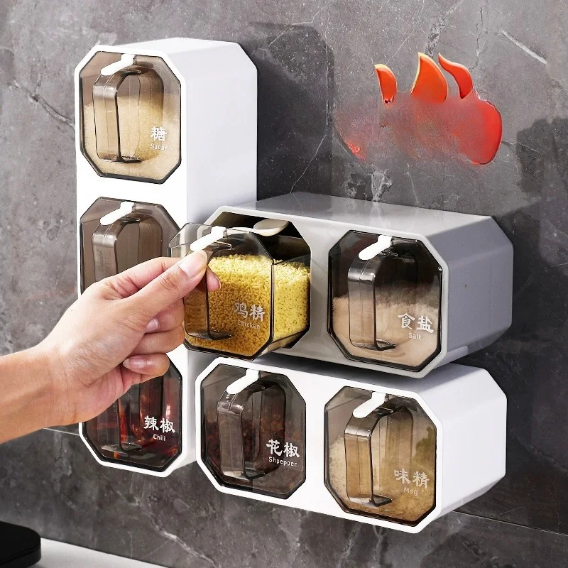 Seasoning Box Home Kitchen Wall-mounted Salt MSG Seasoning Jar Salt Shaker Spice Jar Spice Organizer Combination