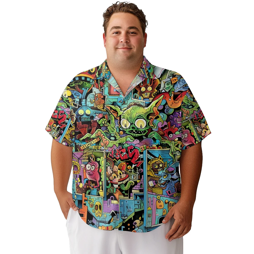 2024 new  Men's shirts plus size Monster comics magazine printed clothing casual short-sleeved