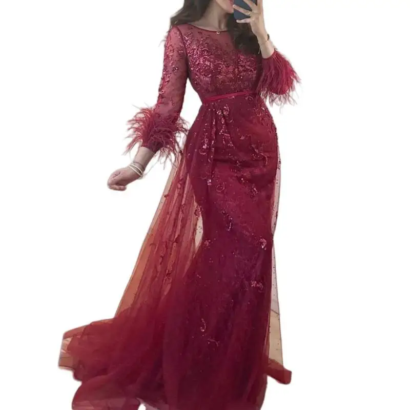 AA192 Customized Wine Red Women Evening Dresses Long Sleeve 2025 Meramid Formal Occasion Dress Wedding Party Gown Prom Wear Robe