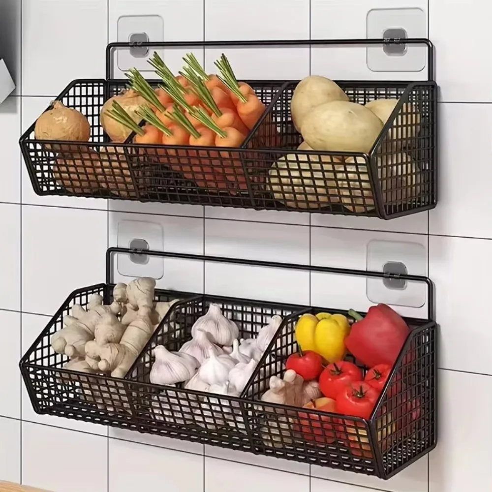 Wall Mounted Storage Basket No Drilling Hanging Rack Ginger Garlic Kitchen Condiment Organizer Household Storage Shelf