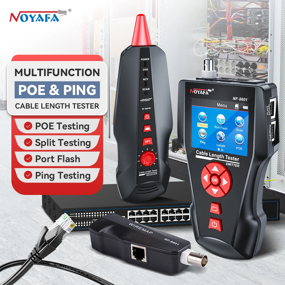 NOYAFA Tester kabli sieciowych NF-8601 Śledzenie kabli z PoE/PING Zmierz długość Tester liniiiremap Narzędzia sieciowe