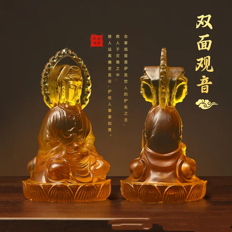 Exquisite Water Glass Resin Double-Sided Guanyin Bodhisattva Statue - Elegant Oriental Buddhist Sculpture, Tabletop Centerpiece