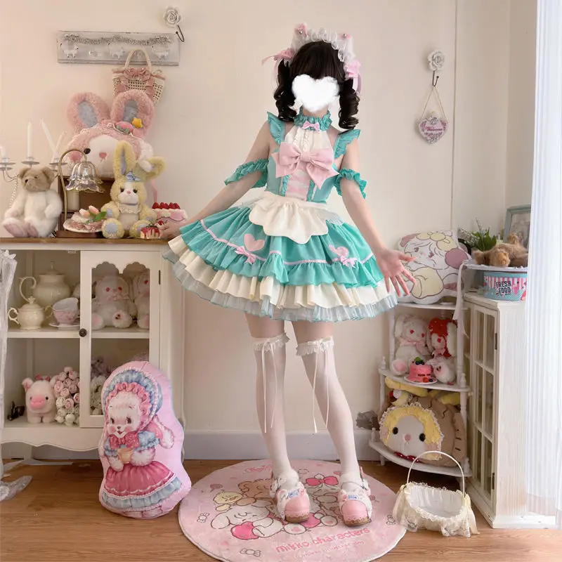 Japan Sweet Kawaii Lolita Jsk Sling Dress Maid JSK Suspender Dress Women Ruffles Victorian Gothic Bow Princess Dress