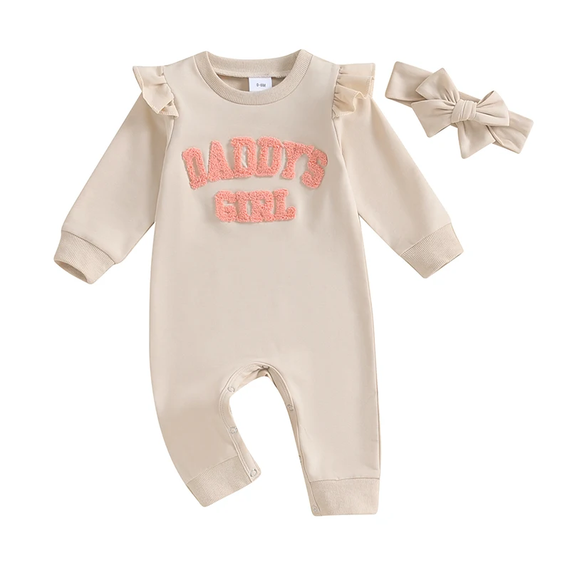 

Baby Girls Rompers Letter Embroidered Crew Neck Long Sleeve Jumpsuits Fall Toddler Clothes Bodysuits with Headband