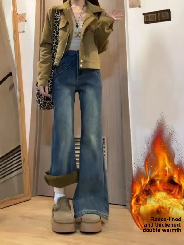 

Thickened Fleece High Waist Bell Bottom Jeans Women's Autumn Winter Loose Slimming Wide Leg Pants Retro Style Cotton Zipper