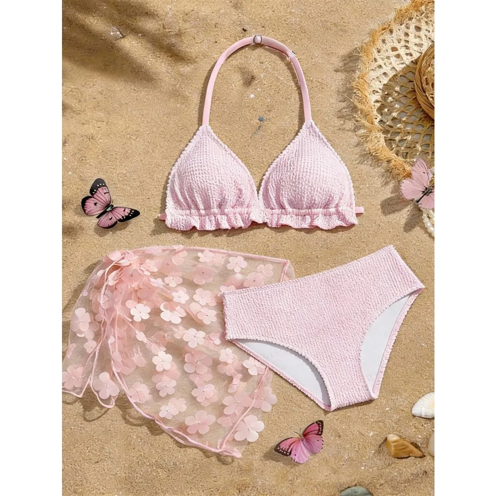 

Girls 3pack Ribbed Pink Bikini Sets Kids Swimsuit& Beach Flower Skirts 7-16 Years Children's Swimwear 2026 Teens Bathing Suit