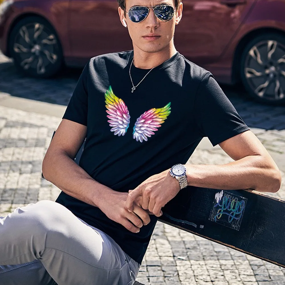 2023 Summer Men Clothes Short-sleeved T-shirt Casual Breathable Male Clothing O-Neck T Shirt Feather Printed Fashion New Tops