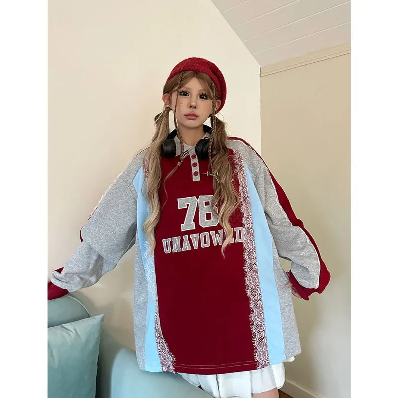

Deeptown Lace Patchwork Contrast Color Women Sweatshirts Letter Print Long Sleeve American Vintage Hoodies Loose Preppy Casual