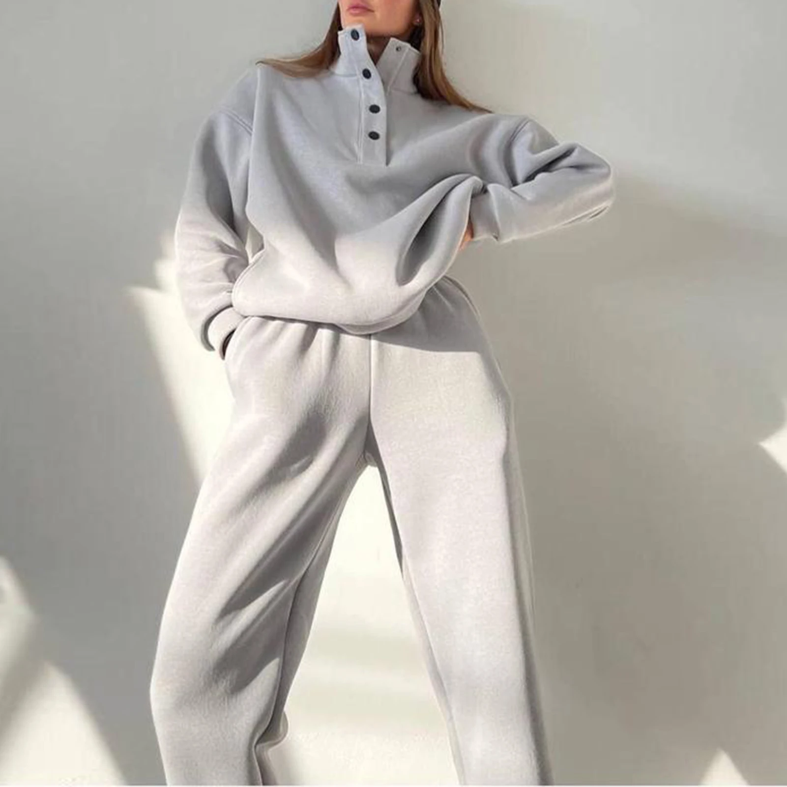 Women Stand Collar Sweatshirt Sweatpants 2 Piece Sweatsuit Long Sleeve Top Trouser Outfits Solid Color Pullover Pants Tracksuit