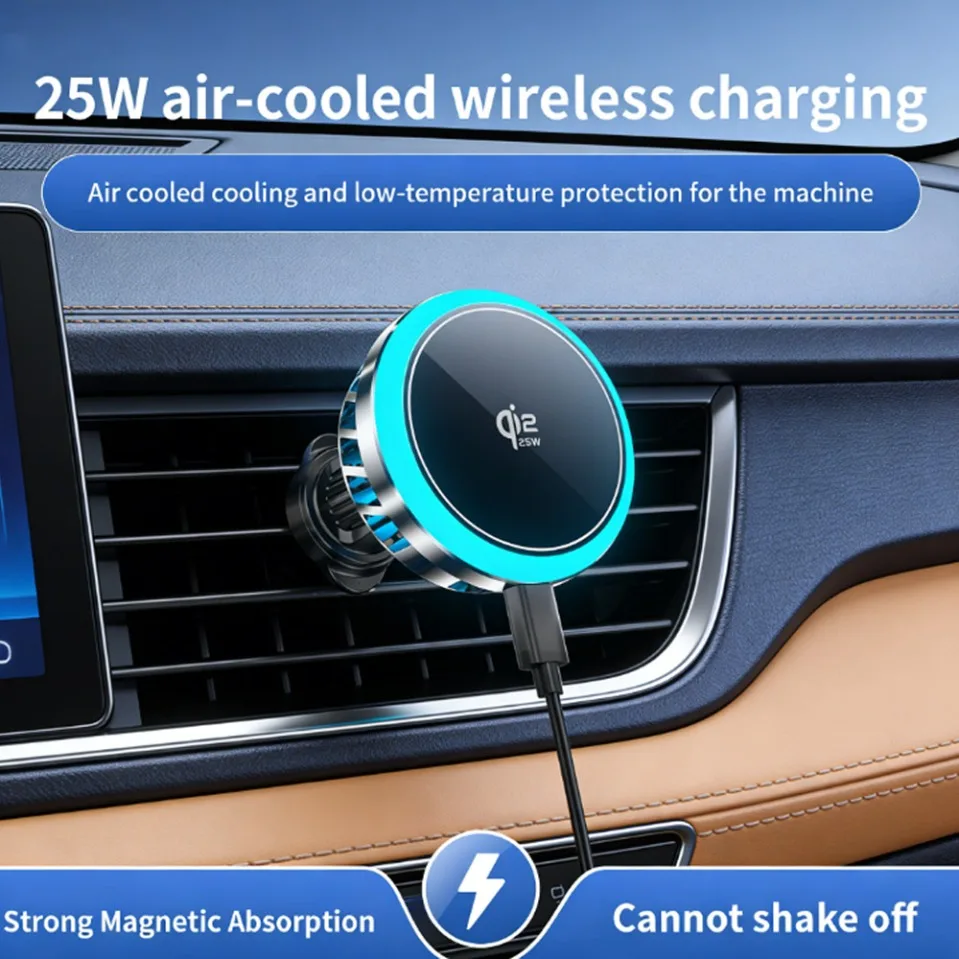 25W Qi2.2 Magnetic Wireless Car Charger Car Mount Built-in Cooling Fan 360° Rotation for Magsafe iPhone 16 17 Samsung Pixel