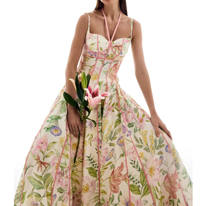 2026 Neues Boho Blumenmuster Neckholder Maxikleid für Damen Korsett-Bustier Rosa Besatz A-Linie Fließendes Sommer-Urlaubskleid für den Strand