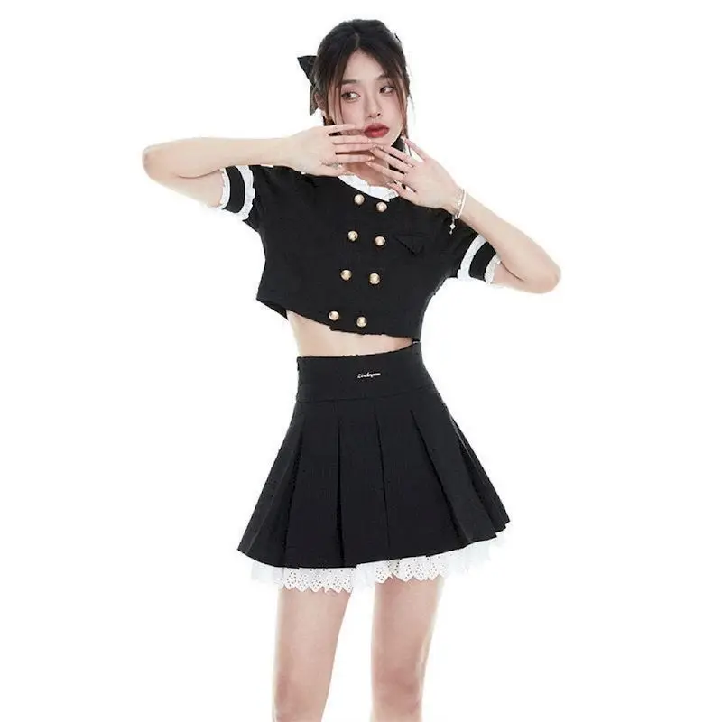 

Sweet Hot Suits Women Black JK Uniform Desire Equestrian Double Breasted Navel Short Tshirt A-line Pleated Skirt Two Piece Set