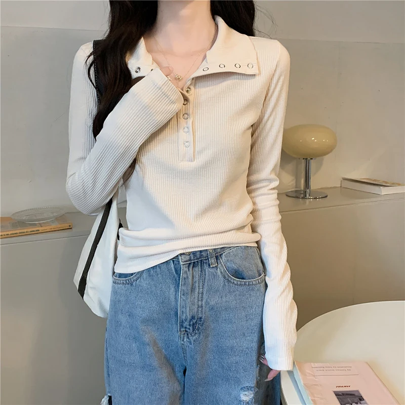 Y2K Autumn Button Women T Shirts Korean Sweet Knitted Slim Long Sleeve Female Tees Fashion Chic New Casual All Match Female Tops