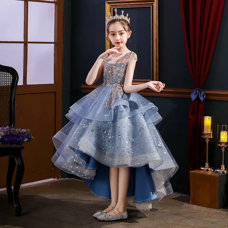 Blue Lace Flower Girl Dress Sequin Tulle Princess Dress For Girl First Communion Dress Kids Birthday Dress Child Party Vestido