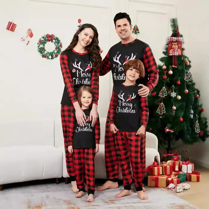 Christmas  antlers printed red and black plaid long sleeve pants combination family set