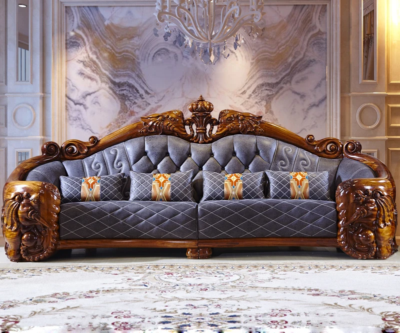 Leather sofa, first floor, cowhide combined living room, full solid wood large villa, European furniture