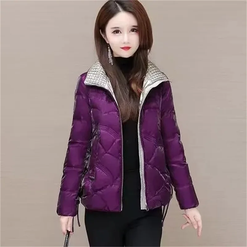 Colorful Pearlescent High end Fabric Down Cotton Jackets Women's New Short Korean Loose Quilted Coat Thick Coat Bright Face Gree