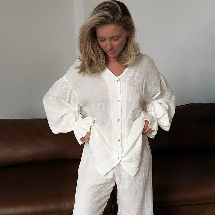 DriftWear Women's Cotton Pajama Set Flared Sleeve Open Front Loungewear V neck Soft White 2PCS Sleepwear with Long Pants Pajamas