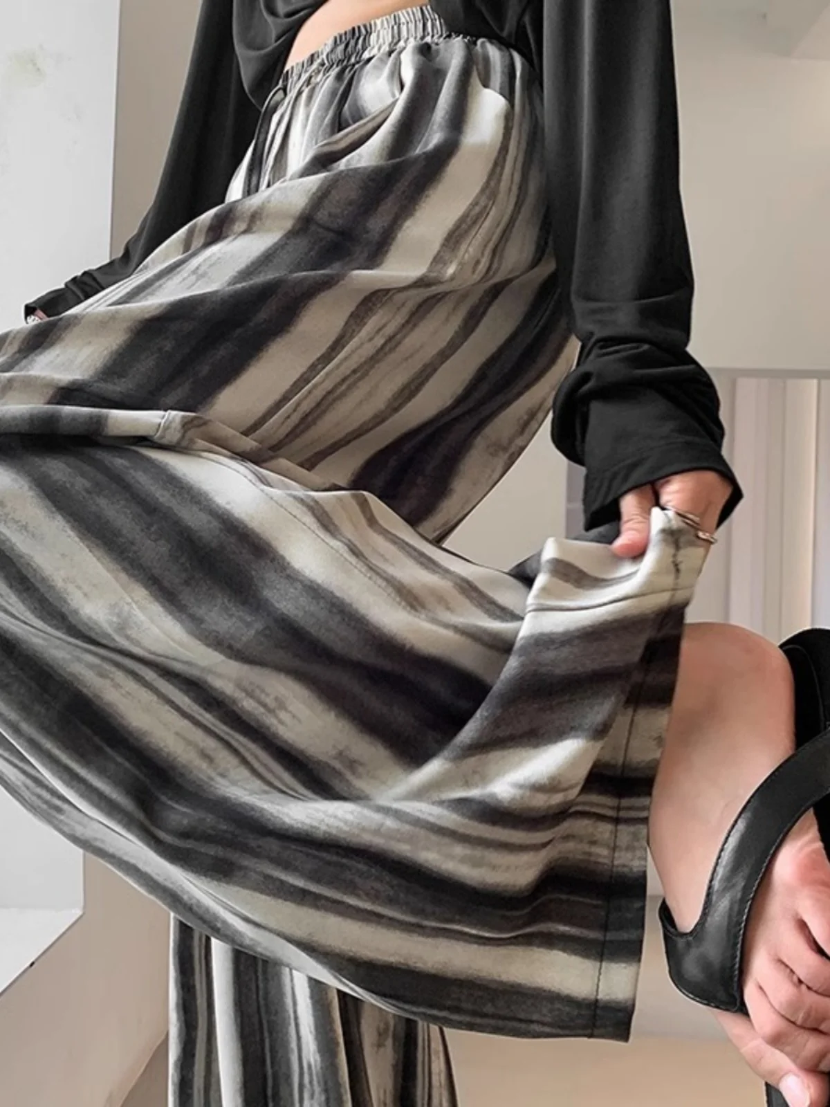 

Новые женские летние брюки в китайском стиле с высокой талией из ледяного шелка, прямые, широкие, тонкие, для повседневной носки