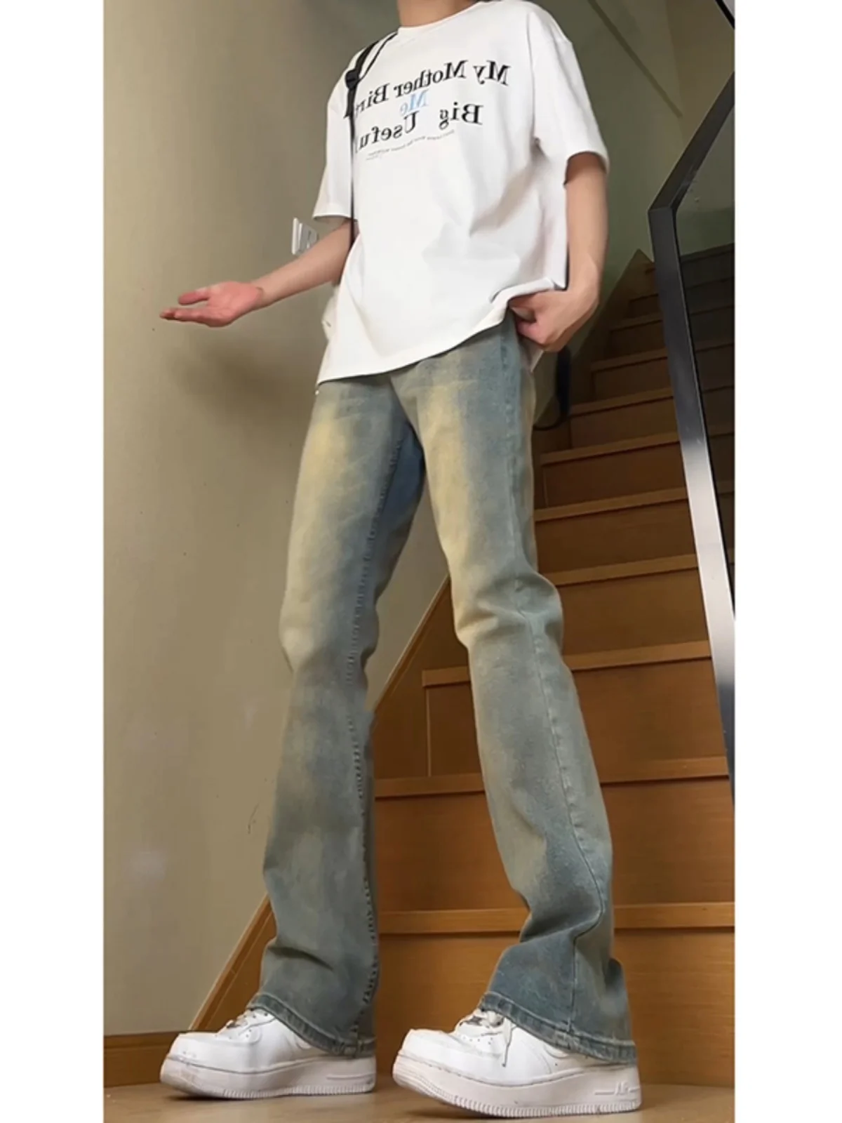 

Синие джинсы в стиле ретро, мужские прямые брюки-колокольчики для похудения, износостойкие джинсы из смеси хлопка и полиэстера