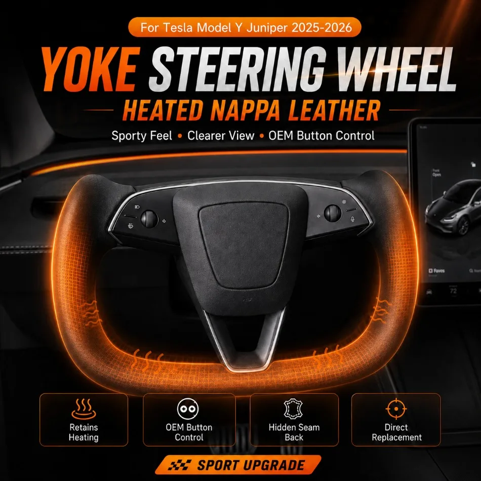 Yoke Steering Wheel Smooth Nappa Leather Breathable Non Slip Retains OEM Heating for Tesla Model Y Juniper 2025-2026 Parts