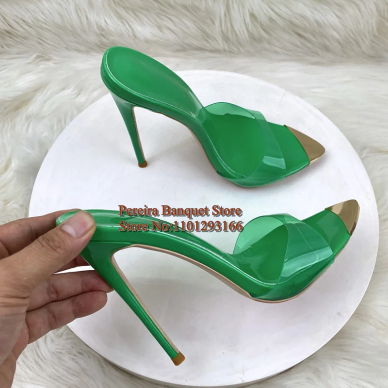 Sandales à talons hauts et bout pointu en métal pour femmes, pantoufles d'été en cuir verni PVC violet vert à enfiler, chaussures habillées de 12cm