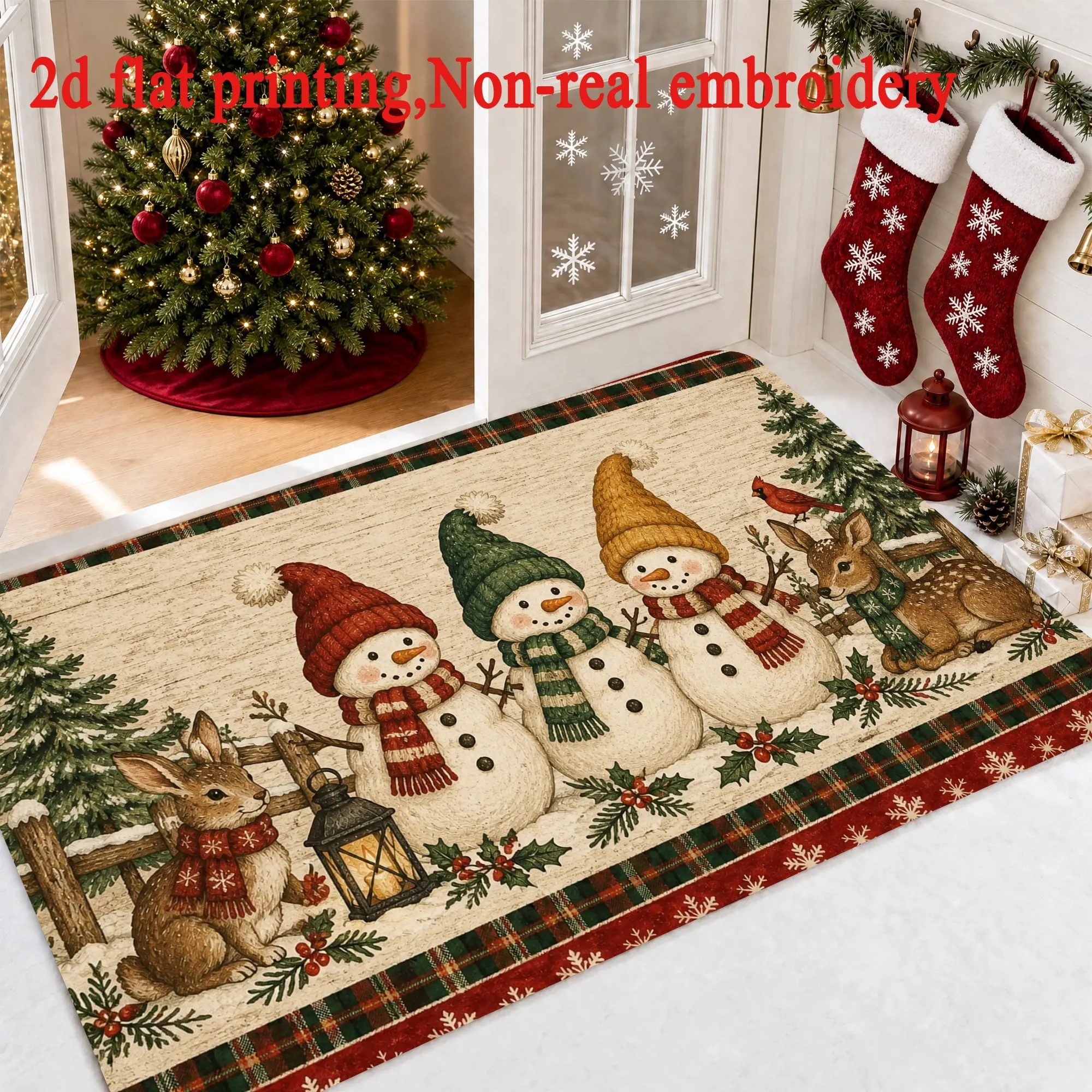 Wilderness Stag Christmas Floor Mat Snowy Mountain Forest Sunrise Landscape Pattern Rug Indoor Holiday Home Accent