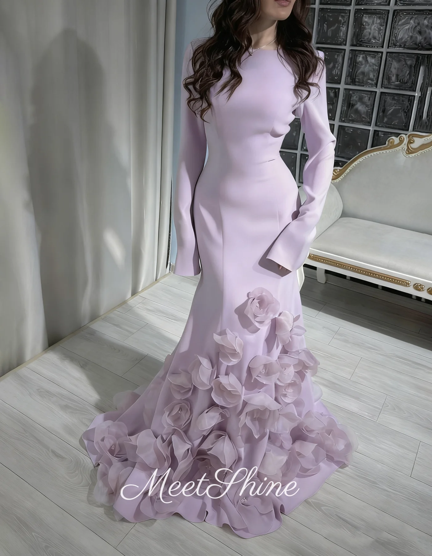 Vestidos de Noche románticos con flores en 3D, sirena morada, cuello redondo, elegantes, mangas largas, tren de barrido, vestido de fiesta, vestidos de graduación personalizados